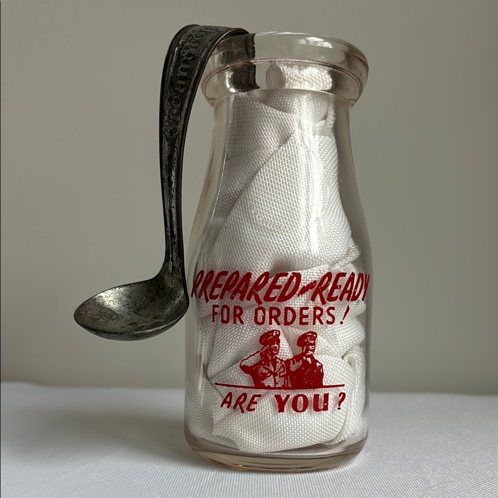 Vintage 1950’s Half Pint Glass Milk Bottle and Metal Cream Top Spoon